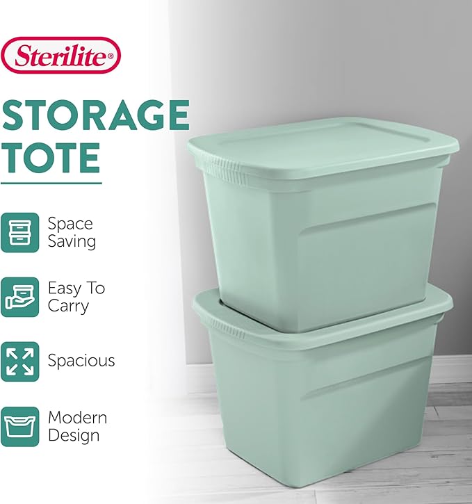 Sterilite 8 Pack Tote, Plastic Stackable Storage Bin Container with Lid, 18 Gallon, Mindful Mint