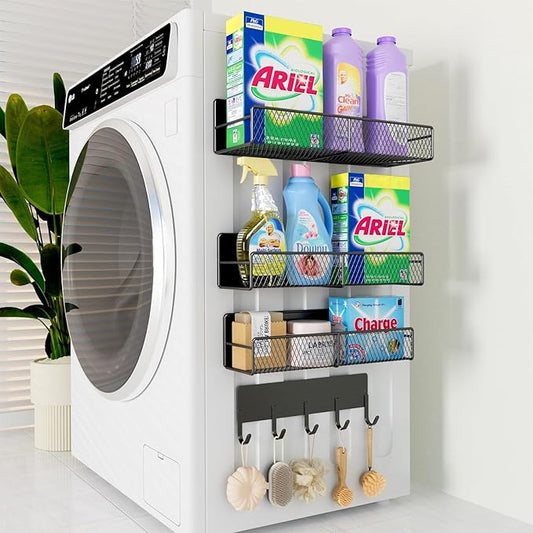 4 Pack Magnetic Shelves for Washing Machine, Heavy-Duty Magnetic Laundry Organizer with Hooks, Washing Machine Shelf for Refrigerator, Metal Storage Baskets, Closet & Laundry Room Organization(Black)