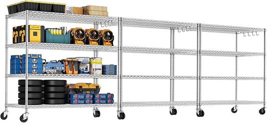 PrimeZone 4 Tier 55.5" Wx24 Dx76 H Wire Shelving with Wheels 2400lbs NSF Certified Storage Shelves Heavy Duty Metal Shelf Adjustable Rolling Rack Commercial Garage Restaurant Warehouse Chrome 3Pack