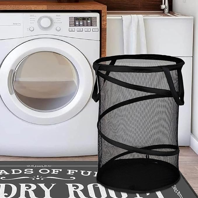 BATTOO Black Large Collapsible Laundry Basket Foldable Mesh Pop Up Hamper with Handles for Laundry Room, Bathroom, Kids Room, College Dorm, Travel, Camping, Gift Basket