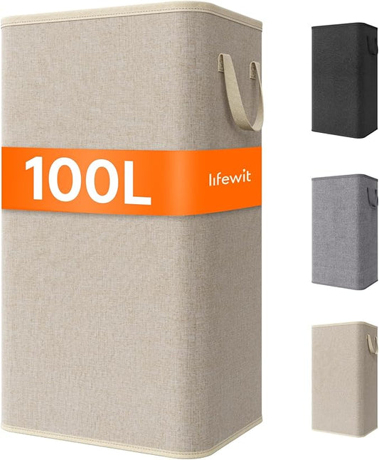 Lifewit 100L Large Tall Laundry Hamper, Collapsible Laundry Basket with Handles, Foldable Clothes Hampers for Laundry, Portable Dirty Clothes Hamper for Dorm College Bedroom Bathroom, Beige