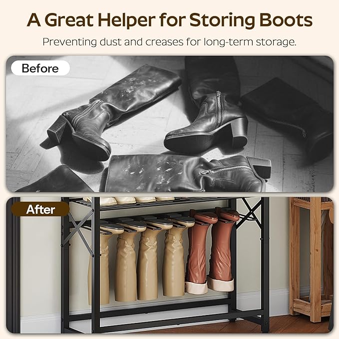 YATINEY Tall Shoe Rack for Entryway, Metal Shoe Storage Organizer with Boot Rack, 10 Tier Sturdy Shoe Rack for Closet, Space Saving Wooden Shoe Shelf, Black and Rustic Brown SS19BR