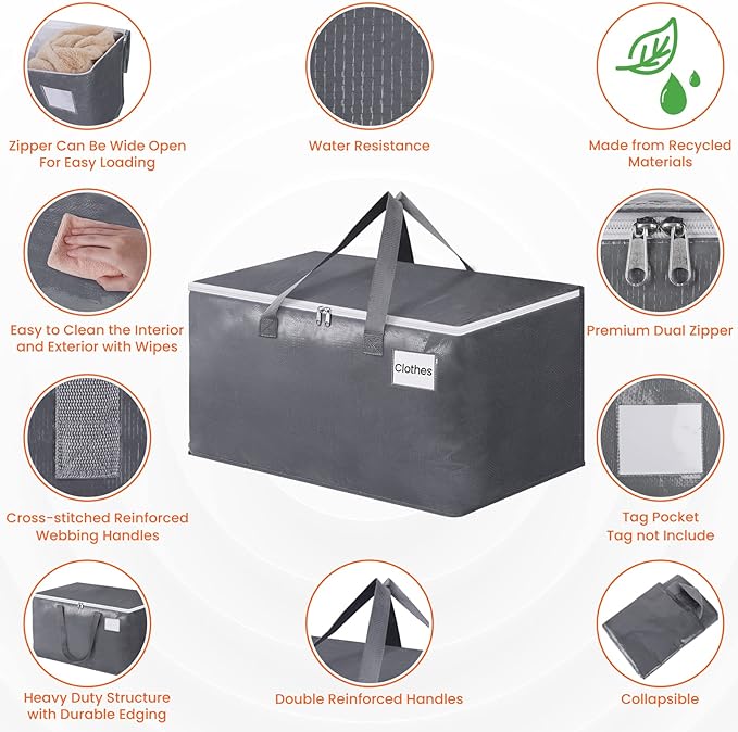 BlissTotes Large Moving Boxes and with Zippers & Handles Moving Supplies with lids, Heavy Duty Totes for Storage Bags for Space Saving, Fold Flat, Moving and Storing 93L, 4 Pack