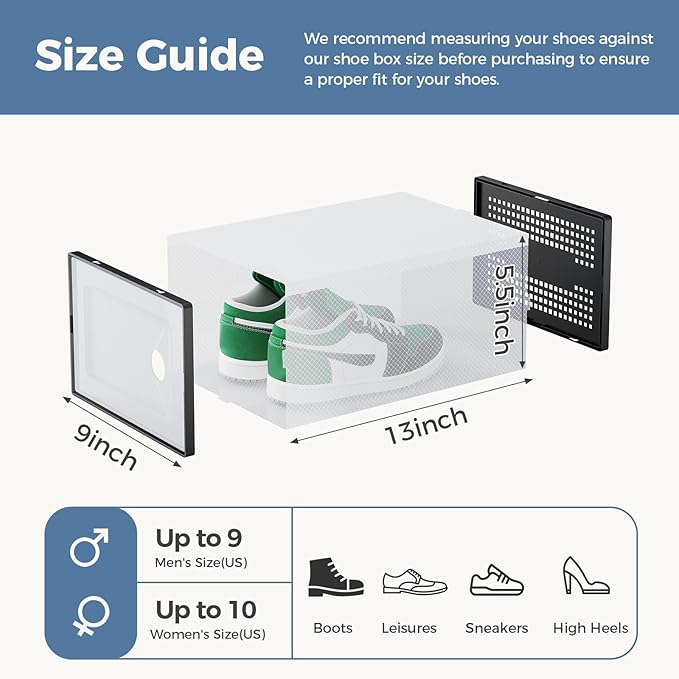 DUMOS Shoe Storage Boxes, 12-Pack Stackable Clear Shoe Containers with Lids, Display Sneaker Case Organizer for Closet, Under Bed, Entryway,Black (Fit Size 9)