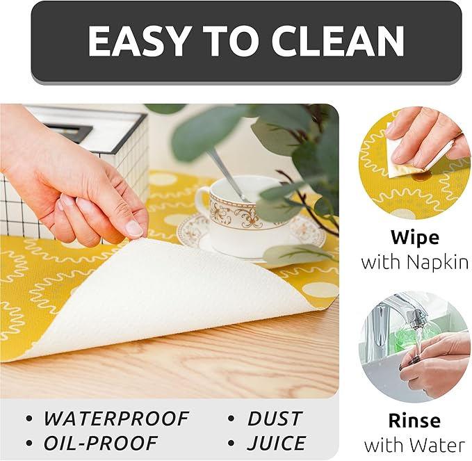 FIFTY FEET 12X120 Inch Shelf Liner for Kitchen Cabinets, PVC Drawer Liner for Dresser Non-Slip Bathroom, Non-Adhesive Cabinet Liner Washable (Yellow Circle)(2 Roll)