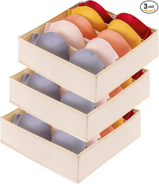 Bra Storage Drawers Organizer for Clothing Underwear Drawer Organizer Dividers Foldable Storage Cube Bins for Bra,Socks, Underwear,3 Pack （Creamy-White）