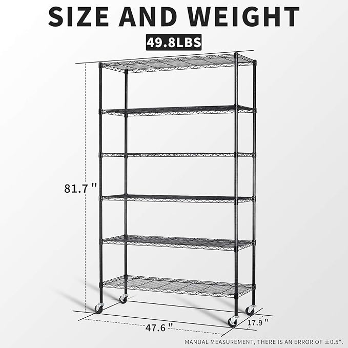 HCY 6-Tier Storage Shelf Heavy Duty Shelving Unit NSF Height Adjustable Metal Rack with Wheels for Laundry Bathroom Kitchen Garage Pantry Organization 2100 LBS Capacity-82*48*18 inch, (Black)