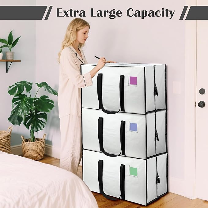 6 Pack Moving Bags with Full-Open Side Zipper, Extra Large 93L Heavy Duty Waterproof Foldable Storage Totes for College Dorm, Moving & Home Organization,White