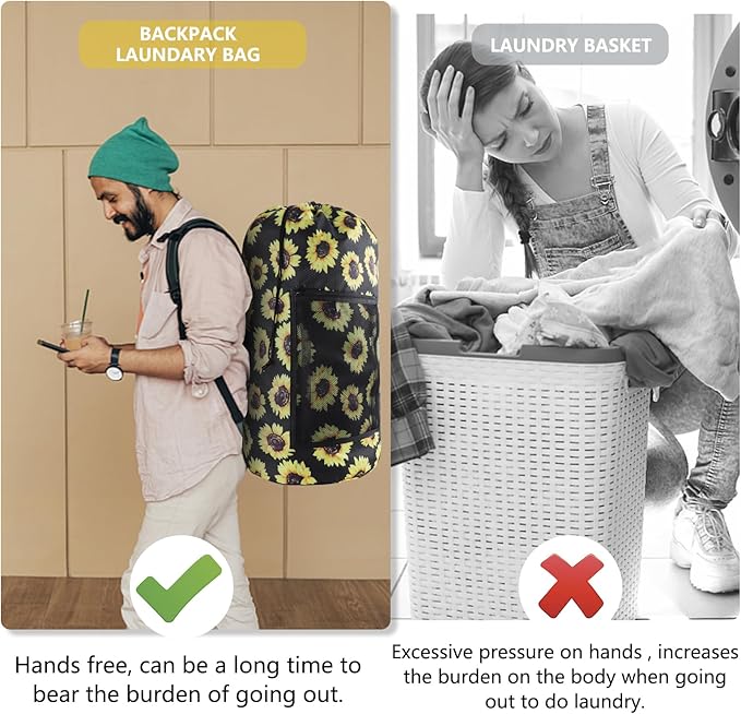 Olosar Laundry Bag Backpack, Extra Large Travel Laundry Bag with Mesh Pocket & Adjustable Shoulder Straps,Dirty Clothes Travel Bag for College Students Dorm,Apartment(Sunflower)