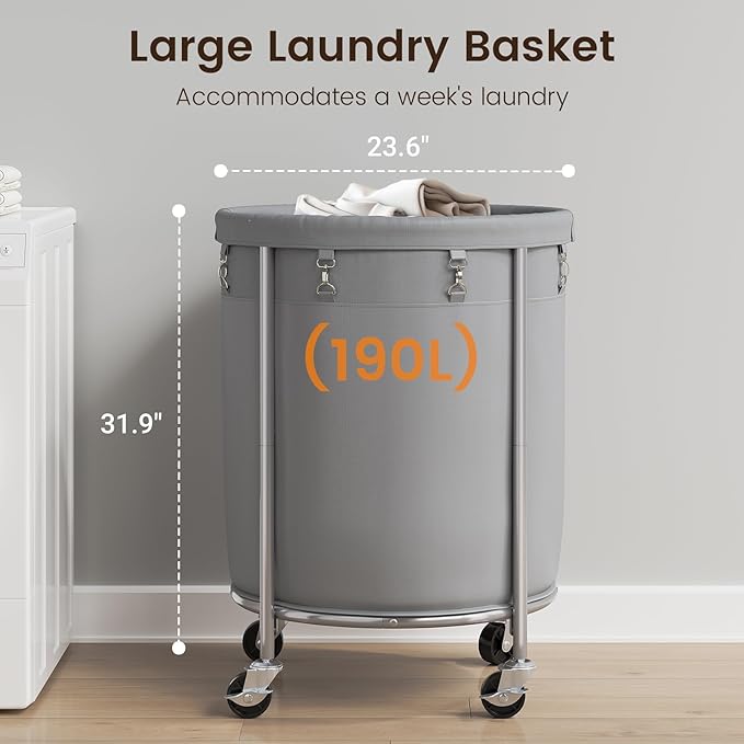 ELYKEN 190L Laundry Basket with Wheels, Large Rolling Laundry Hamper with Removable Liner Bag, Round Rolling Laundry Cart, Dirty Clothes Hamper for Hotel, Home, Closet, Dorm, Gray