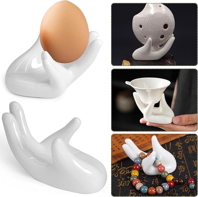 2 Pcs Creative Ceramic Egg Stands, Porcelain Egg Holders Hand Shaped Egg Cups Holder for Hard Boiled Eggs in Living Room, Restaurant and Dining Table for Breakfast, Display