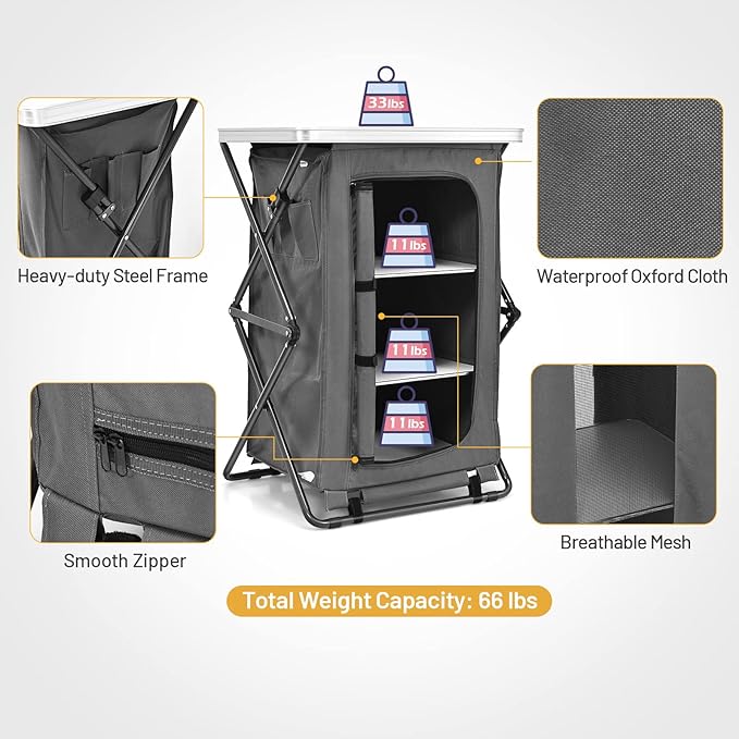 Giantex Folding Camping Storage Cabinet with 3 Shelves and Carry Bag, Portable Outdoor Organizer Kitchen Table, Quick Set-up for BBQ, Picnic, Backyard, Compact Pop-Up Cupboard, 35''H