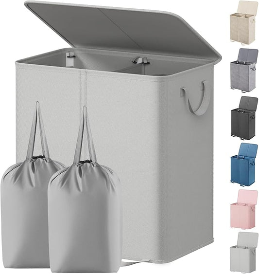 Lifewit Double Laundry Hamper with Lid and Removable Laundry Bags, Large Collapsible 2 Dividers Dirty Clothes Basket with Handles for Bedroom Laundry Room Closet Bathroom College, 155L Silver Gray
