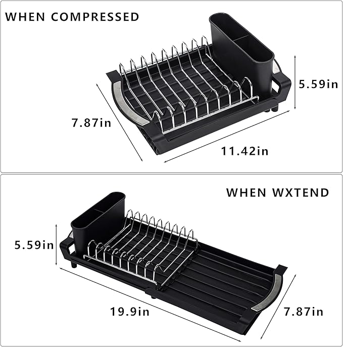 Over The Sink Dish Drying Rack, Adjustable Expandable Kitchen Sink Organizer (11.42-19.9 Inch), Heavy Duty Metal Dish Drainer with Utensil Holder, Space Saving, Black