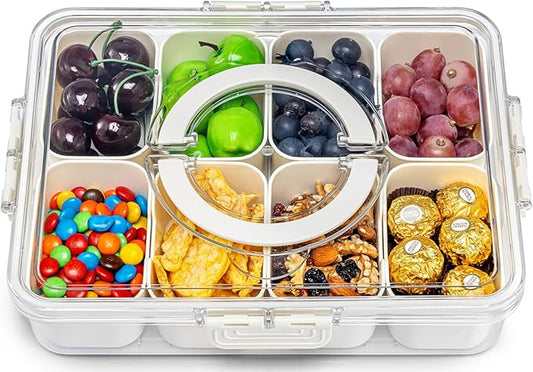 Pure Future Air-Tight Snackle Box Container –Divided Serving Tray with Lid & Handle–Clear Snack box for Fruits, Candy & Nuts–Portable for Travel & Daily Use (8 Inside Containers Dishwasher Safe)