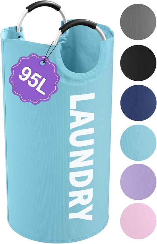 95L Foldable Blue Laundry Basket with Handles, Big Clothes Hamper for Bedroom, Dirty Clothes Basket Stand Upright, Portable Laundry Bag for Dorm, Nursery, Family, Blue
