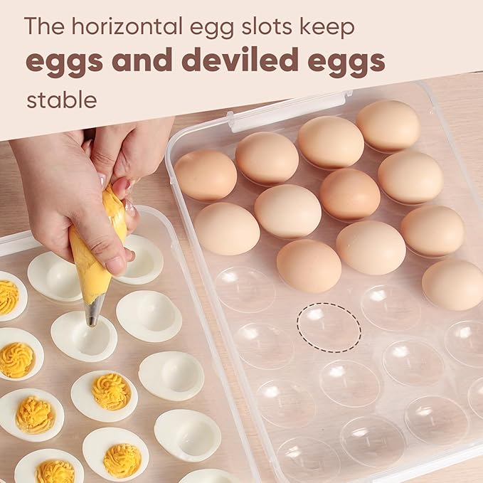 77L Deviled Egg Containers with Lid, (Set of 2), Plastic Deviled Egg Carrier with Handle for 48 Eggs, Clear Storage Devil Egg Platter, Fridge Portable Egg Tray, Perfect for Picnic and Party (White)