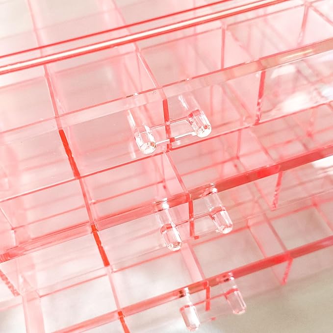 Acrylic Earrings Jewelry Organizer with 3 Drawers 72 grids, Stackable Necklace Rings Display Storage Case Box Holder, Clear pink