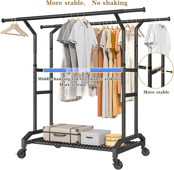 Wiracks Heavy Duty Clothes Rack Rolling Clothes Rack 3 Rods Clothing Rack 450lbs Capacity 51"-71" L X 19.7" D X 73-79" H Adjustable Rolling Garment Rack