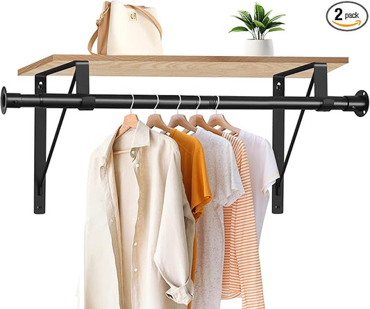 Closet Rod, 16 to 51 Inch Closet Rods Heavy Duty Adjustable Wardrobe Poles for Hanging Clothes and Heavy Duty Bracket Closet Pole Support (The Shelf NOT Included)(Black)