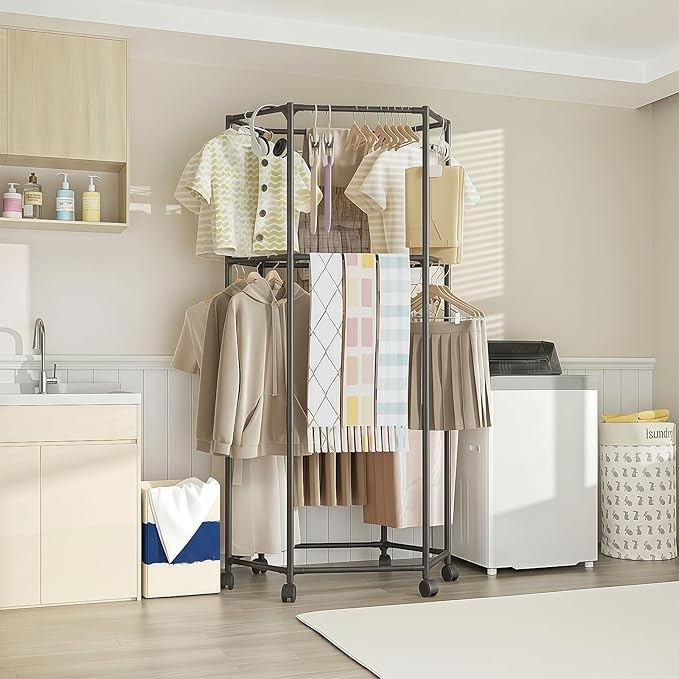 Clothes Rack with Wheels, Hexagonal Rolling Clothing Rack for Hanging Clothes, Clothes Drying Rack, Garment Storage for Bedroom, Laundry, Balcony (68" H)