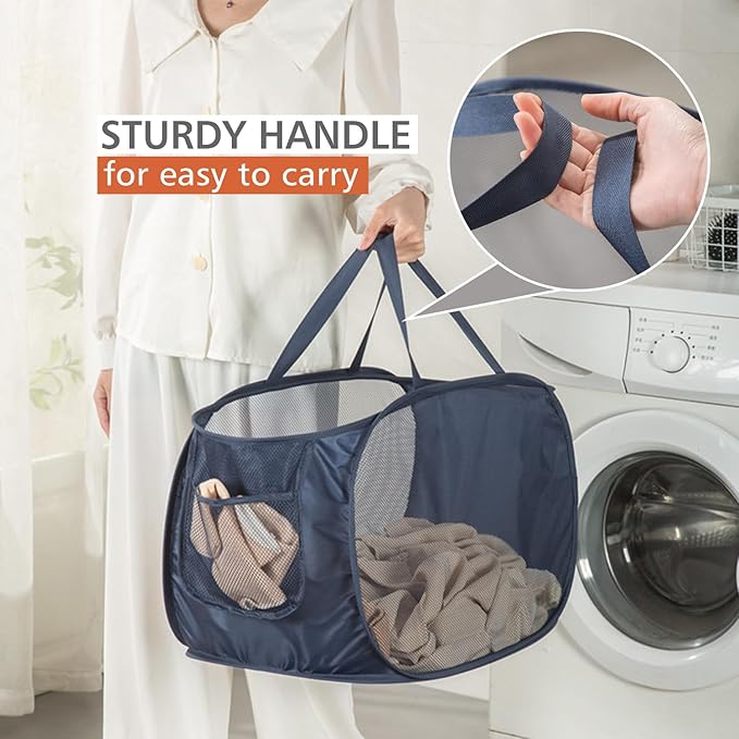 HONOMA Sturdy Mesh Laundry Hamper Basket Bag,Pop up Basket with Side Pocket for Laundry Room, Bathroom, Kids Room, College Dorm or Travel (Pop Horizontal, Black)