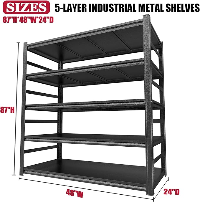 PRESTELION Garage Shelving 3500LBS Storage Shelves 5-Tier Adjustable Metal Shelving Units Garage Storage Shelves Heavy Duty for Industrial, Warehouse, Basement, Commercial, Black (87" H×48" W×24" D)