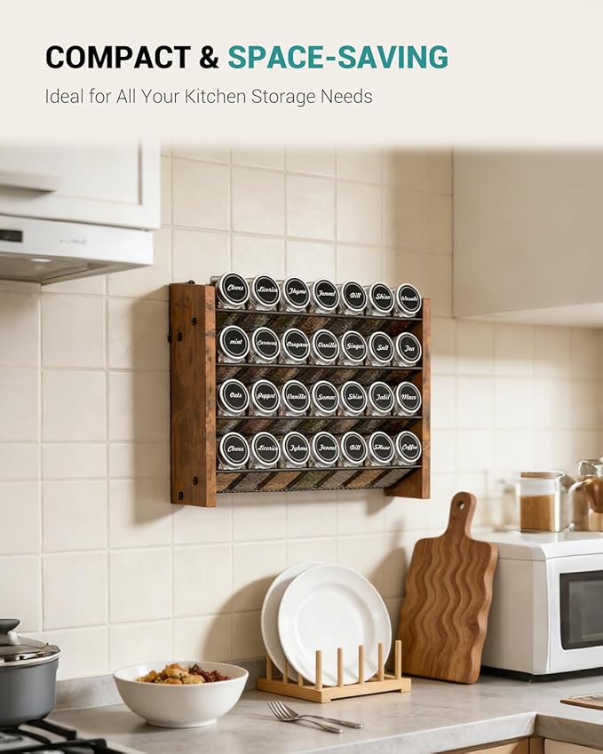 NESAPTO Spice Rack Organizer with 28 Spice Jars, Wooden Vertical Seasoning Organizer with Labels, Chalk Marker and Funnel Set for Cabinet, Kitchen Pantry, Countertop/Wall Mount, 14" W × 9.4" H