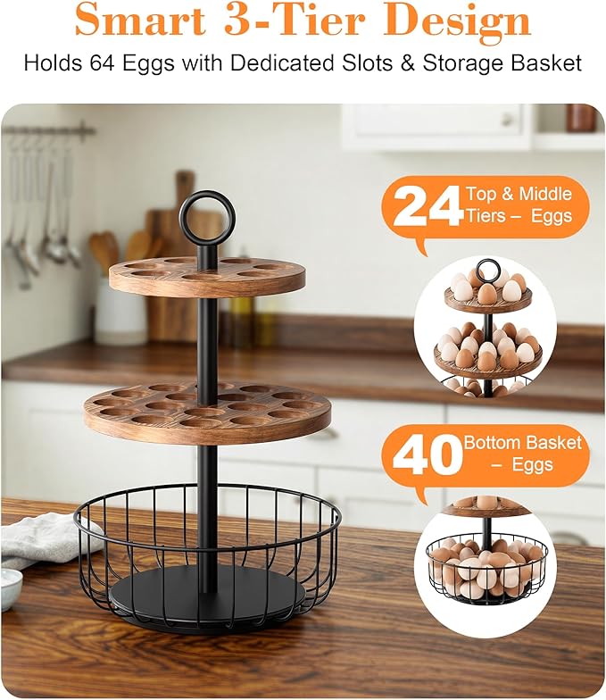 3-Tier 360° Rotating Egg Holder with 24+40 Egg Capacity - Rustic Farmhouse Kitchen Counter Organizer, Tiered Egg Storage Rack with Ventilated Wooden Trays & Metal Basket for Easter Eggs, Fresh Eggs