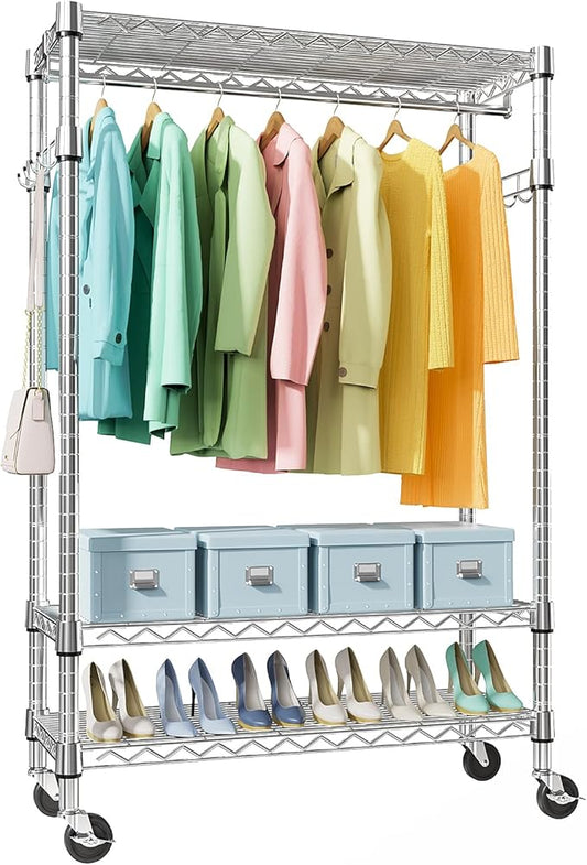 M MZG Heavy Duty Rolling Garment Rack 3 Tiers Adjustable Wire Shelving Clothes Rack with Rods and Side Hooks,Storage Closet Clothing Rack with Wheels Chrome 17.7" D x 47.2" W x 83.6" H