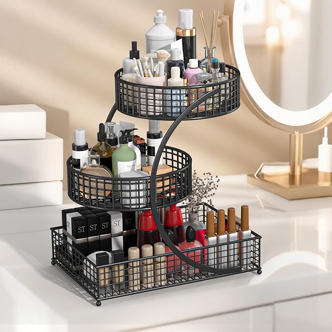 3-Tier Metal Multi-Functional Organizer Basket | Makeup, Skincare, Fruit & Spice Storage Rack | Countertop Vanity, Bathroom & Kitchen Organizer Holder | Stylish Black Wire Shelf (Black)