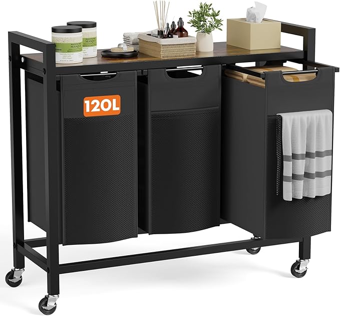DUMOS Laundry Sorter 3 Section, 3 × 10.6 Gal (120L) Rolling Laundry Basket with Pull-Out Removable Bags & Movable Wheels,Clothes Separator Hamper Cart for Laundry Room, Bathroom and Bedroom Organizer