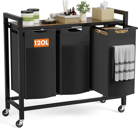 DUMOS Laundry Sorter 3 Section, 3 × 10.6 Gal (120L) Rolling Laundry Basket with Pull-Out Removable Bags & Movable Wheels,Clothes Separator Hamper Cart for Laundry Room, Bathroom and Bedroom Organizer
