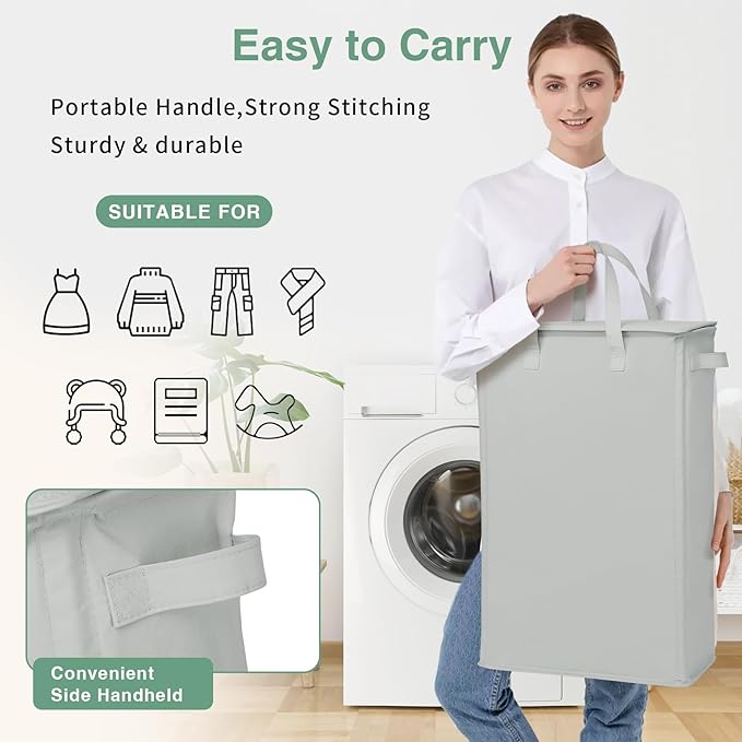 GOMAJI Slim Laundry Basket with Lid and Handles, Foldable Laundry Basket for Clothes, Clothes Hamper Easy to Carry, Dirty Hampers for Bedroom, Bathroom, Dorm, College, 12.7 Gallons(48L)