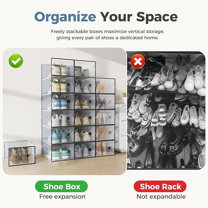 DUMOS Shoe Storage Boxes, 12-Pack Stackable Clear Shoe Containers with Lids, Display Sneaker Case Organizer for Closet, Under Bed, Entryway, Black (Fit Size 11)