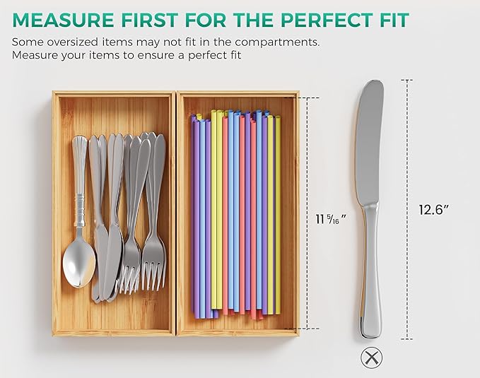 Bamboo Kitchen Drawer Organizer Set of 2, Stackable 12" x 6" Wood Silverware Utensil Tray for Drawers Bins, Cutlery & Flatware Storage – Wooden Boxes Organizers for Junk Drawer, Bathroom, RV