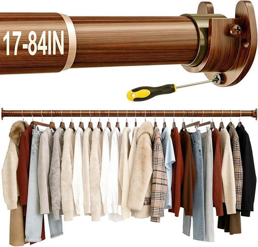 17 to 84 Inch Closet Rods for Hanging Clothes with Screwdriver, Stepless Adjustable Closet Rod Heavy Duty, 1.3 Inch Clothes Hanging Rod Metal Closets Bar for Wardrobes Laundry Bathroom RV, Dark Brown