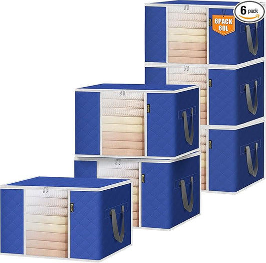 BALEINE 6 Pack Clothes Storage Bags, 16 Gallon Storage Containers with Reinforced Handle, Sturdy Zipper, Closet Organizer for Blanket, Comforter, Pillow, Bedding (Blue, 6 Pack)