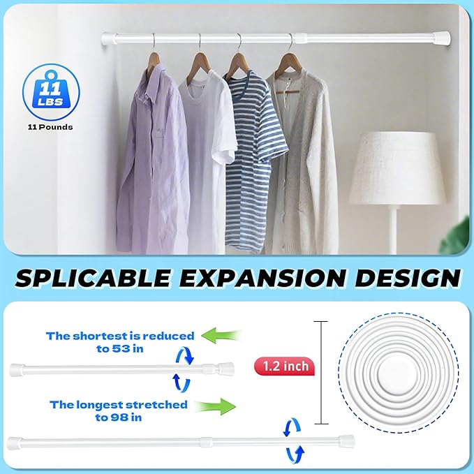 2 Pack White Tension Rods, 53"-98" Adjustable Shower Curtain Rods, Heavy Duty No Drilling Rod, 11lbs Max Load, 1.2" End Cap, 19/22mm Tube, Metal, for Bathroom, Window, Bedroom, Doorway, Closet