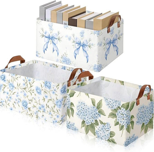 Boao 3 Pcs Blue Hydrangea Bow Storage Bin Flowers Collapsible Large Storage Baskets for Gifts Canvas Laundry Basket Foldable Box with Handle for Office Home Bedroom Clothes