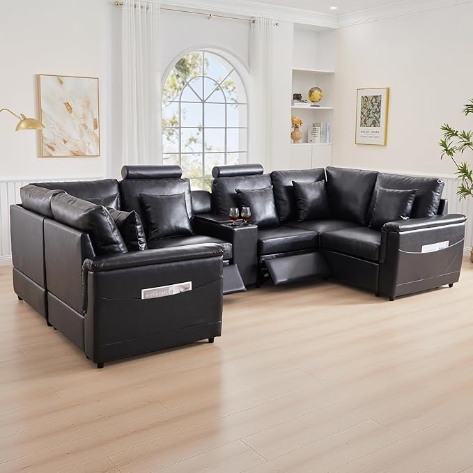 LEVNARY Modular Lift-Top Console with USB Charging and Cup Holders, Center Storage Module for Modular Reclining Sofa (Black)