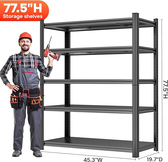 45''W*20''D Garage Shelving Heavy Duty Garage Storage Shelves, 3000 LBS Adjustable 5 Tier Industrial Shelving Unit, Metal Utility Shelf for Basement, Warehouse and Workshop (78''Hx45''Wx20''D, Black)