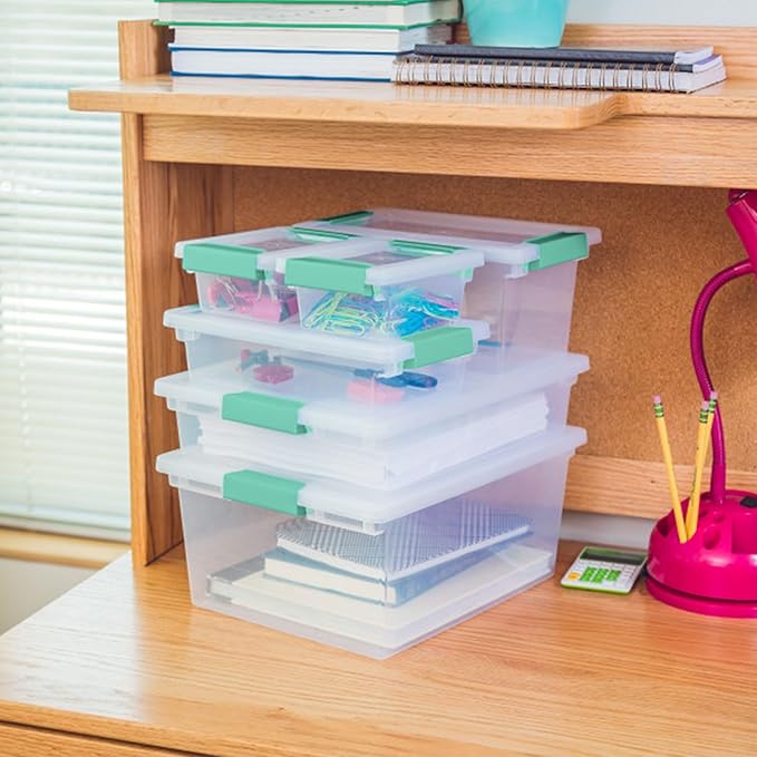 Sterilite Large Clip Box, Stackable Small Storage Bin with Latching Lid, Plastic Container to Organize Paper, Office, Clear Base and Lid, 18-Pack