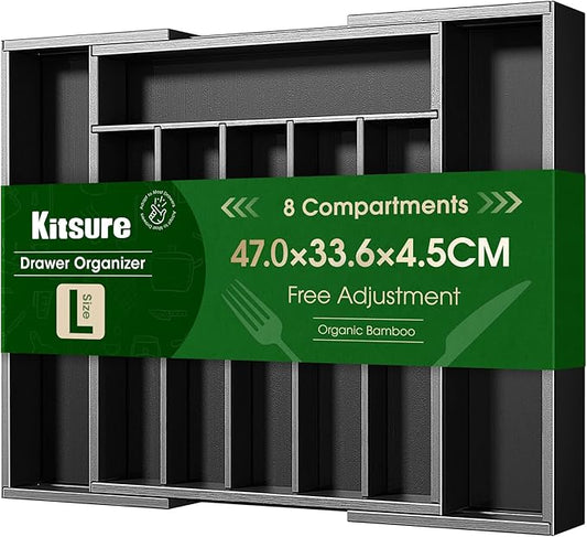 Kitsure Silverware Organizer - Expandable Bamboo Kitchen Drawer Organizer for Cooking Utensils and Cutlery, Sturdy & Thickened Kitchen Organizers and Storage Solution, Large, Black