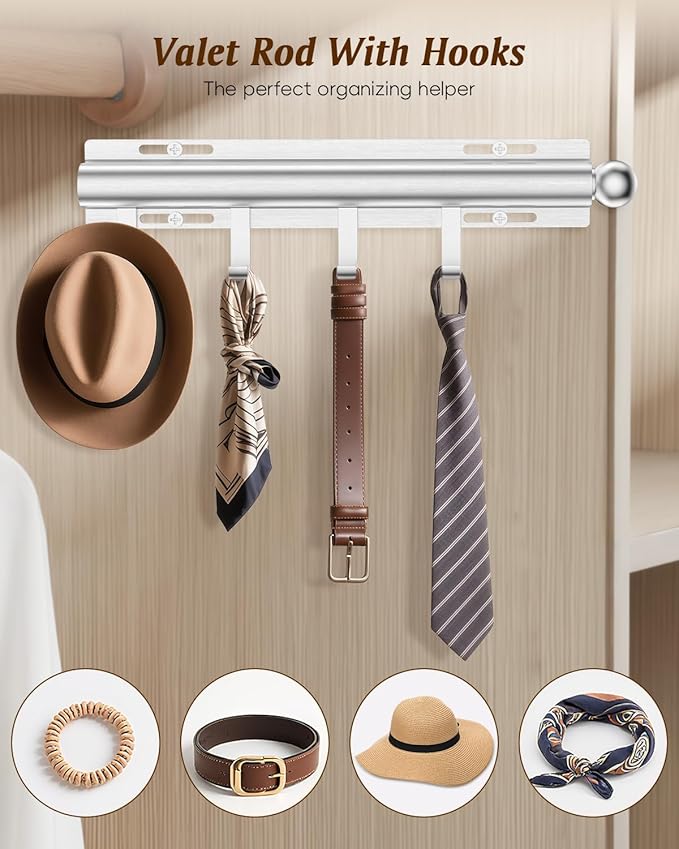 Supforce Valet Rod for Closets, 12" Valet Rod With 4 Hooks, Closet Organizer Slide Out Clothing Hanger Rods Extender Perfect for Suits,Dresses,Belt,Tie, White