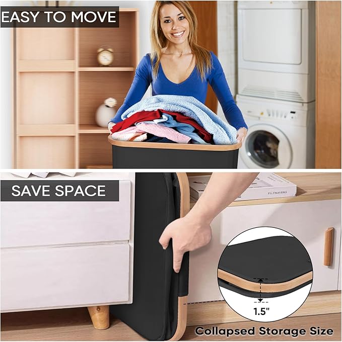 BALEINE Laundry Hamper with Lid, Tall Laundry Baskets with Bamboo Pull Handles, Large Laundry Bin with Internal Support (26Gal/100L, Carbon Black)
