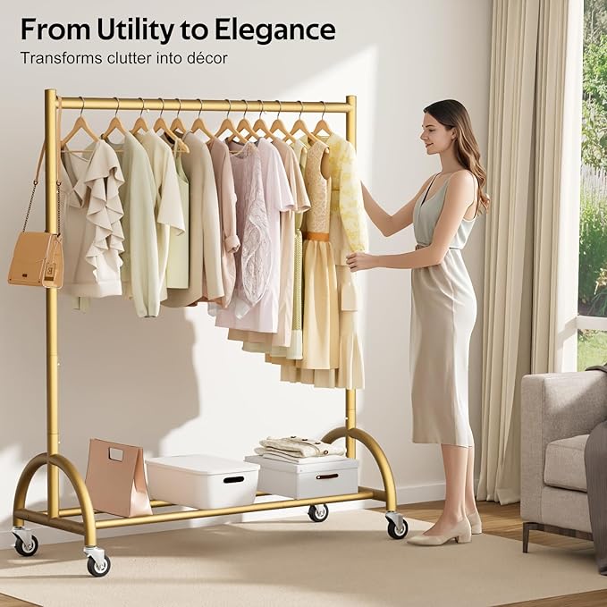 MISSLO Heavy Duty Clothing Rack with Wheels Rolling Clothes Racks for Hanging Clothes, Coats, Garment, Dress, Gold