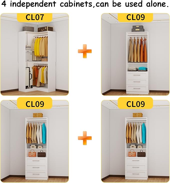 Closet System with 9 Drawers, Corner Closet Organizer System with 9 Hanging Rods Walk in Wooden Modular Closet Storage System L-Shaped 4 Sets, 2800+ Lbs Capacity White