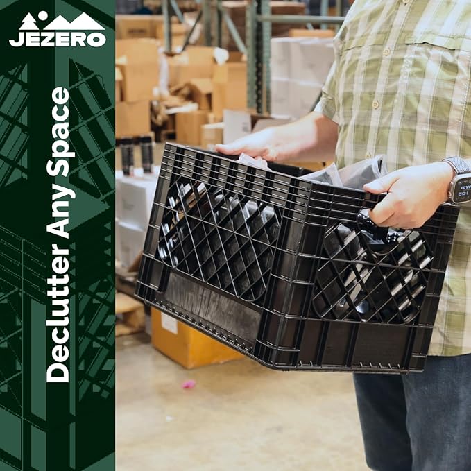 JEZERO 20 Quart 3-Pack Heavy Duty Plastic Crate | Stackable Multi-Purpose Storage Bin for Garage, Home, Office, Groceries, Outdoor, Camping & Kayaking | Black Utility Tote, 17" x 13" x 11"