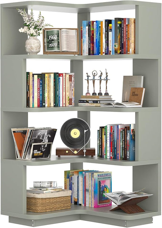 Armocity Corner Book Shelf - 5 Tier Corner Bookshelf Etagere Bookcase with Baffle, Freestanding L Shaped Display Shelf Stand for Home Office, Living Room, Bedroom, Kitchen, Crab Green